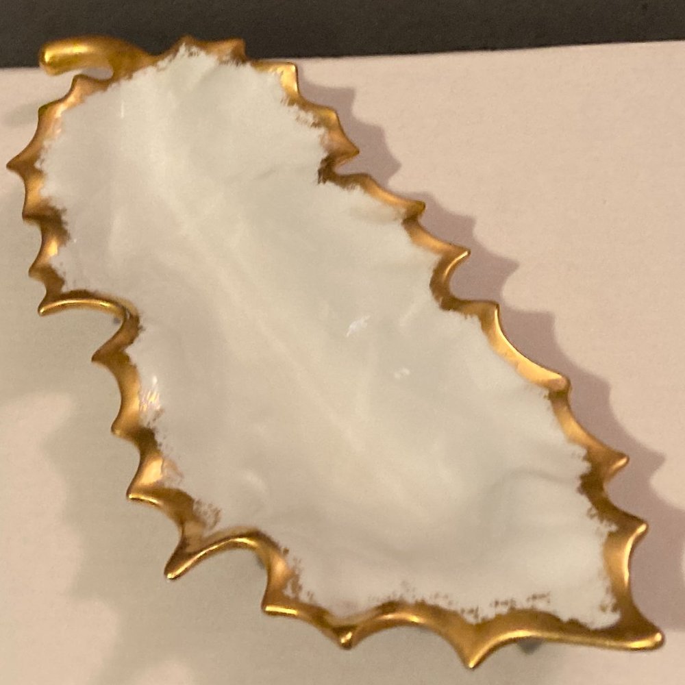 Vintage Porcelain Leaf Dish-Gold Gilding-Signed Anne Crosby-11" Long-3.5" W-ECU